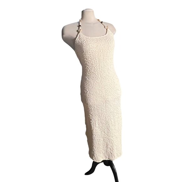Lulus Meike Cream Textured Knit Beaded Halter Midi Dress Sz Large Womens Cream - Picture 4 of 16